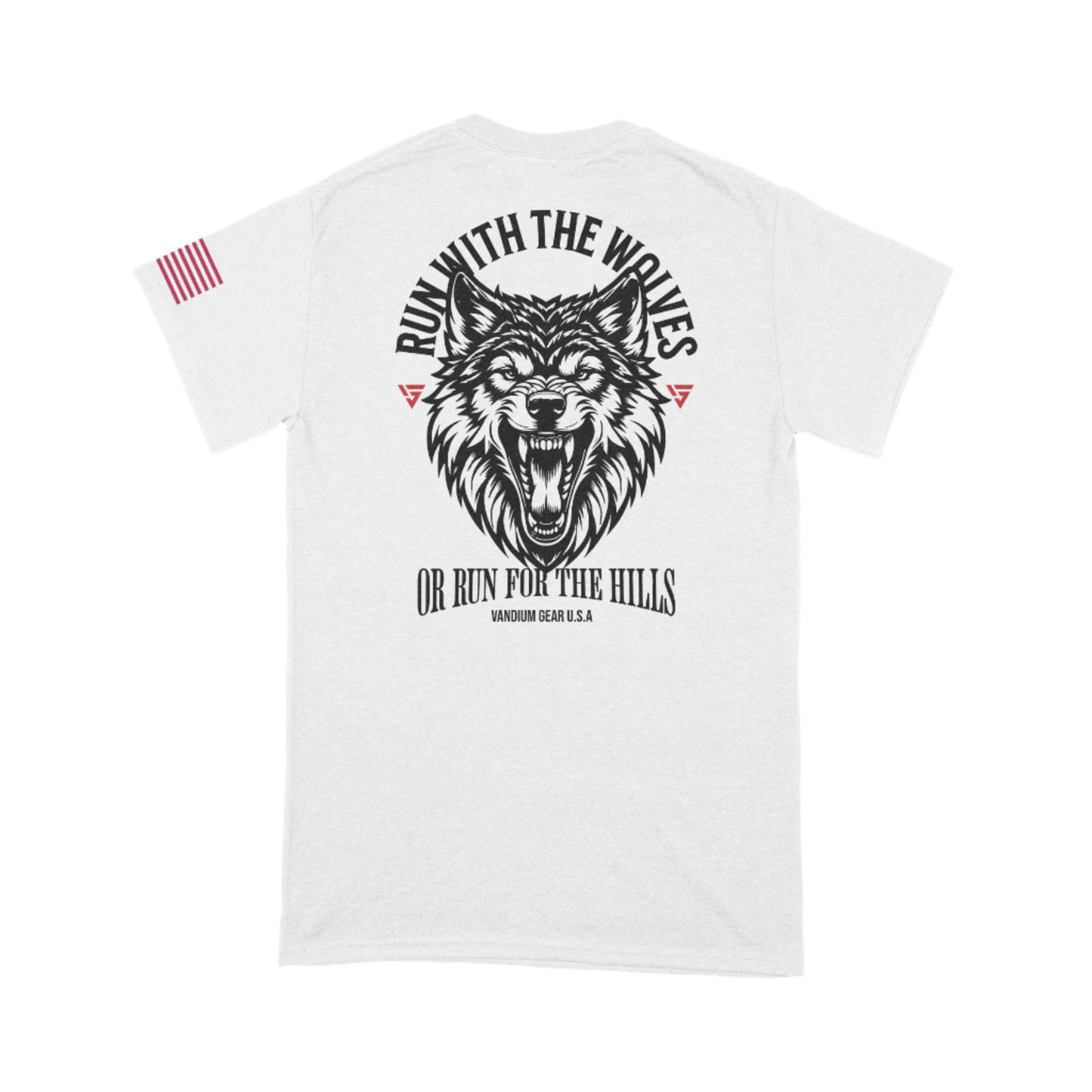 A white crew neck t-shirt with a graphic of a wolf head and the text 'Run With The Wolves' on the front.
