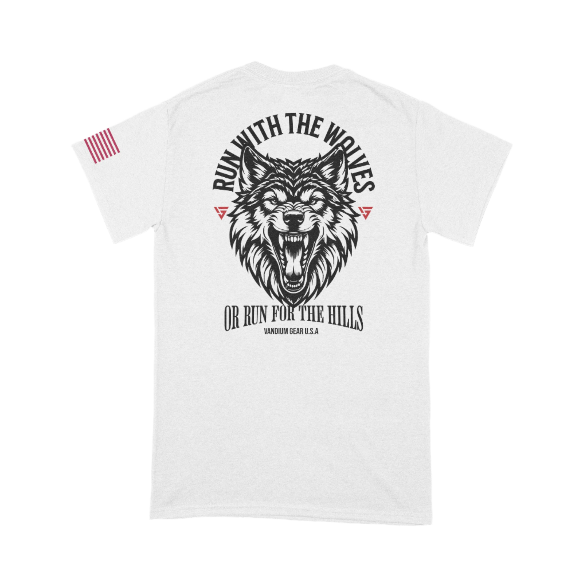 A white crew neck t-shirt with a graphic of a wolf head and the text 'Run With The Wolves' on the front.