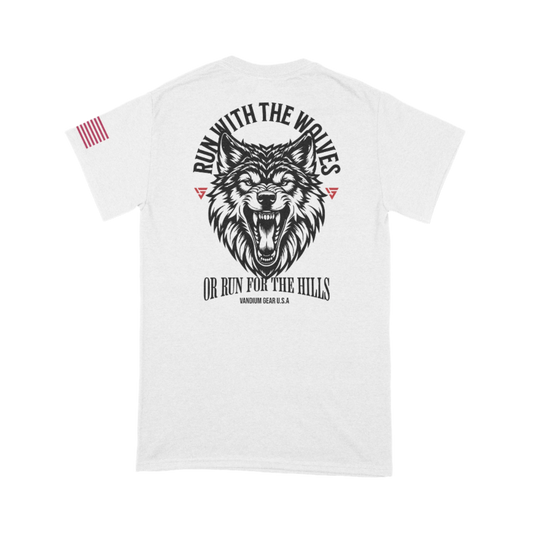 A white crew neck t-shirt with a graphic of a wolf head and the text 'Run With The Wolves' on the front.